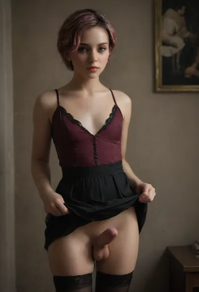 Beautiful FEMBOY Slut, standing, (medium penis:1.3), (Penis erect:1.5), very short pixie cut boyish pink hair, heavy makeup, sexy dress which she is lifting to show her cock, Flat chested, Stockings, no underwear. SCENE, romantic bedroom in a BnB, night, dark scene, bright flash and second fill flash, focused, flash, photo, erect-futa, erect-penis, woman, testicles, erection, skirt, lift, zavy-cnmtc, <lora:sdxl_darkflash_v6-000060:1.7>, <lora:dark:.3>, <lora:SDXLlora13ErFut:1>, <lora:skirtLift:.6>, <lora:zavy-cnmtc-sdxl:1.7>