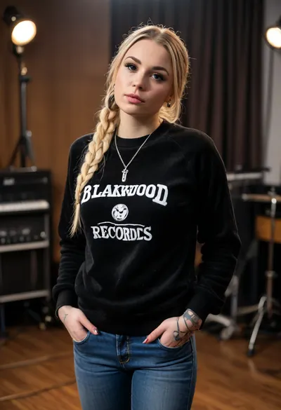 (masterpiece, best quality:1.2), 1 czech 35yo woman, rapper sharlota, (she wears a black velour sweater with "blakkwood records" print, jeans:1.4), long blonde hair in a lots of small braids, brown eyes, tattoos, she is rehearsing on a stage, photorealism, <lora:style_lora_realis:.5>