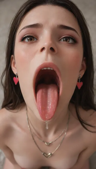 A realistic porn scene, (above viewer view:1.7), 4k, arched back, (moist liquid covered lips and tongue:1.8), (on her knees:1.7), (on her knees), perfect skin, skinny girl, (nude:1.7), realistic, high res, brunette, brown eyes, highly detailed face, (long hair middlepart hairstyle), (thin_lips makeup), natural light, skinny body, 18 years old, (wearing heart necklace:1.7), (wearing heart earrings:1.7), detailed mouth, hands on boobs, (look up at viewer:1.7), (close view:1.7), (pov:1.7), (open mouth:1.7), (screaming:1.7), (liking:1.7), (tongue out:1.7), (chin up:1.7), (look at viewer:1.7), (look at boy:1.7), (tongue dripping moist:1.7), (virtual:1.7)