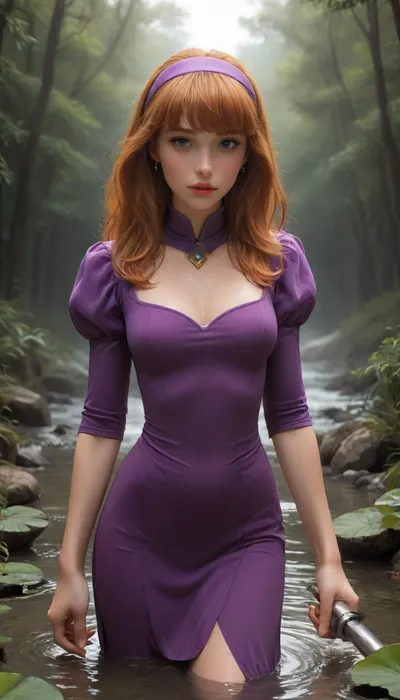 masterpiece, best quality, high resolution, hires, score_9, score_8_up, score_7_up, score_6_up, (Daphne Blake:1.4), skimpy purple short dress, long straght hair, purple headband, Standing in a swamp holding a flashlight, ratatatat74, incase style, fantasy, woman, cum, on, face, <lora:ratatatat74-000050:1.3>, <lora:JustCum:2>