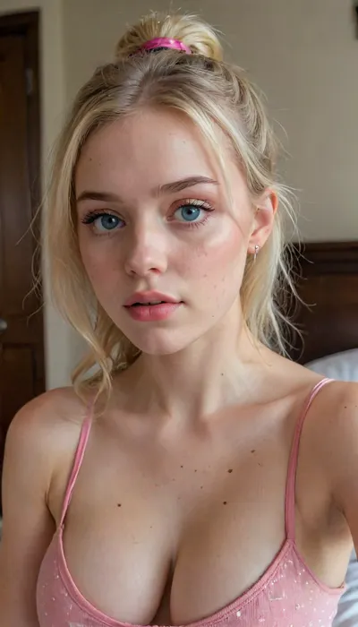 18yearold blonde cutie with the cutest face possible, very slim body, pale skin, small body, ((pink top with the text “CUM SLUT” printed on it)), (busty perky boobs), (cleavage), freckles, terrified of the viewer, eye contact, long wavy hair in a high ponytail with a pink scrunchy, wide panicked eyes, blue eyes, bedroom, stud earrings, toned belly, 4ng3l, face, <lora:SDXL_BetterFaces-LoRA_v1:.3>
