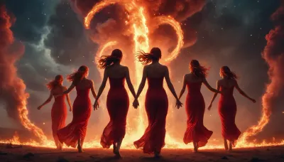 light connection between many of galaxies, flaming red women ghost dancing between them fire tornado from sky