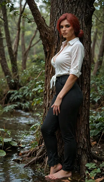 8k, score_9, score_8_up, score_7_up, Cinematic still the viewer looks down at a submissive girl, FILM PHOTOGRAPHY STYLE, cinematic photography of a woman, professional portrait photo realism, masterpiece, best quality, high resolution, hires, score_6_up, (Triss Merigold from the Witcher:1.4), incase, style, ratatatat74, solo, side view, close up, large breasts, black leather pants, wide hips, thick thighs, looking at viewer, detailed pupils, leaning against tree, detailed, misty, swamp, full body view, <lora:ratatatat74-000050:1.3>, <lora:detailed_notrigger:2>, <lora:add-detail-xl:.8>, <lora:LCMTurboMix_Euler_A_fix:.8>, <lora:style_lora_realis:.8>