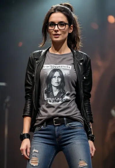 (masterpiece, best quality:1.2), 1 czech 35yo woman, musical singer, (she wears a baggy dark grey t-shirt with advertising print, jeans and open leather jacket:1.4), long raven black hair in a low ponytail, brown eyes, big glasses, sneakers, she is on a stage of a rock concert, photorealism, flat, chested, <lora:style_lora_realis:.5>, <lora:flat_chested_v3.5:.7>