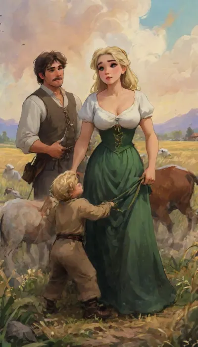 (((a peasant woman in a medieval green dress, corsage, white blouse, neckline, blonde, a cuhubby mature woman of 50 years old, with huge breasts, wide hips, gergeous ass and a shaggy cunt, works in the field with her little young son))), ((oktoberfest dress)), (((masterpiece, the best quality))), (wheat field, ears, sickle, sheaves), deep photo, depth of field, 35mm photo, film, bokeh, professional, 8k, highly detailed, perfect anatomy, insane details, intricate details, hyperdetailed, hyper quality, HDR, ray tracing reflection, cinematic lighting, highlydetailedbody, realisticface, highlydetailedhair, perfectfingers, insanelydetailed, 8K.highdetailedskin, highresolution, (j_cartoon:1.5), Drawing, uberfit, muscular, athletic, evaelfie, <lora:evaelfie_XLv1:2>, <lora:detailed_notrigger:2>, <lora:samdoesarts1.1-000030:.4>, <lora:J_cartoon:.3>, <lora:Animated_Concept:.4>