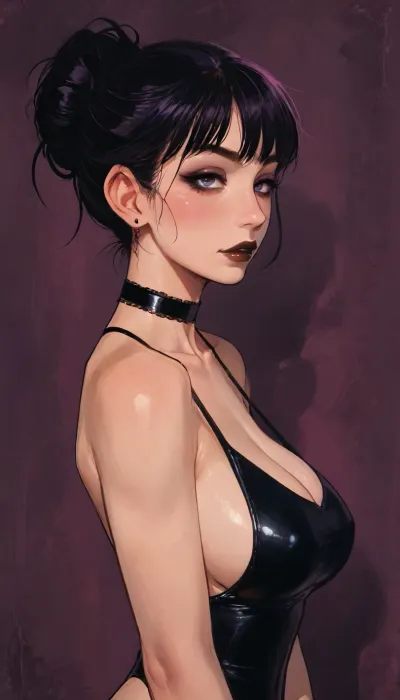 ((Incase mix reiq style)), style, masterpiece, (1woman, side view, 8k resolution, ultra-detailed), wearing choker conected to one piece leather swimsuit, dark purple background, side view, big ass, aryan, plump black lips, chocker, big breasts, realistic face, beautiful black hair, goth makeup, beautiful face, high bun hairstyle with fringe, seductive face, nude, hot e, mid shot, ratatatat74, jtcstyle, SamDoesArts, <lora:LCMTurboMix_Euler_A_fix:.6>, <lora:ratatatat74-000050:1.1>, <lora:mk_Bp Anime_xl:1>, <lora:加藤彩style:1.8>, <lora:SDXLSamDoesArts:1.7>