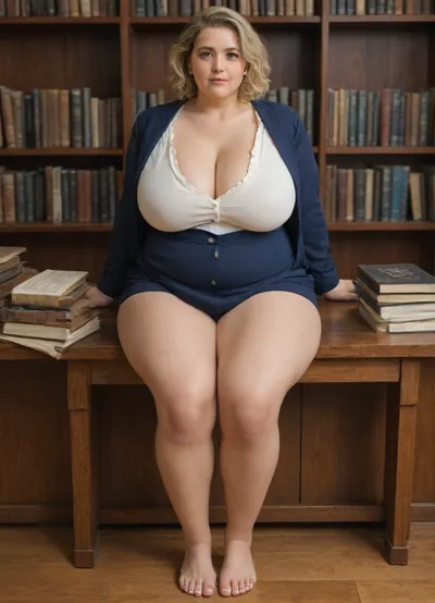 Big fat English woman, very pale skin, fatty double chin, fatty neck, fatty face, 50 year old mature, extra broad chest, wide chest, she is morbidly obese and physically overweight, fat face, she has a big fat stomach, she has a lot of extra fat all over body, wearing suit and undershirt, suit she wore covers her body and privates, professionally dressed, cellulite thighs, she disproportionately huge breasts when compared to size of rest of her body, breasts that are double her head size, her breasts look heavy, long pendulously shaped breasts hanging down low, deflated looking breasts hanging and sagging low to her waistline. Oval-shaped breasts, located at library, front desk, books, short blonde hair side parted, (bare feet:1.5), (full body overview:1.3), huge, breasts, fat，, chubby，, fat, girl, underwear, solo, <lora:Taretiti_XL-v1:.2>, <lora:chubbyladyXL2.0:.7>, <lora:runga10.52:.6>