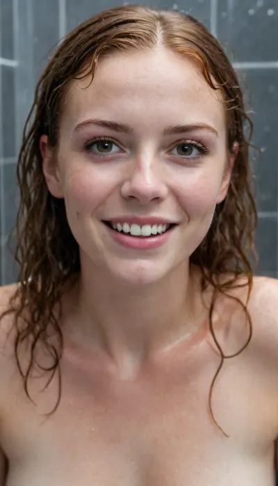 ziprealism, (27yo Scottish woman, charismatic natural beauty, candid casual esthetic:1.6), (embarrassed shy eye contact, soft cheesy grin, bashful pose, exasperated, scandalized:1.8), (f/2.8, shallow depth of field, subtle bokeh, analog lens), (focus on breasts:1.4), (vibrant ginger hair with dark roots, frizzy hair, pale porcelain skin:1.6), (natural skin texture, long delicate eyelashes, adorable overbite with buckteeth, freckles, large expressive doe eyes:1.2), (modern shower, wet hair, washing hair, drenched, soaking wet, wet skin, wet face, standing in shower, wet glass door, rain shower:2), (huge breasts, natural breasts, pale nipples, slender waist:1.4), Stable-Yogis-Makeup-Enhancer-XL