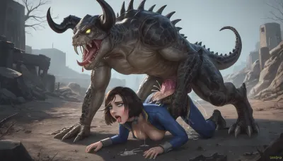 Elizabeth Comstock is dressed in a Vault 111 jumpsuit, is getting aggressively fucked by a massive green glowing Deathclaw out in the Capital Wastes. Interspecies, Deathclaw, Fallout, Elizabeth Comstock, Bioshock Infinite, huge penis, lizard penis, mutant male, monster sex, zoophilia, detailed faces detailed eyes, detailed mouth, detailed pupils, detailed teeth, HD, ultra detailed, outdoors, body suit, unzipped suit, glowing male, cum on back, radioactive male, mind broken female, gloomy setting, visible penetration, capital wasteland setting, female ahegao