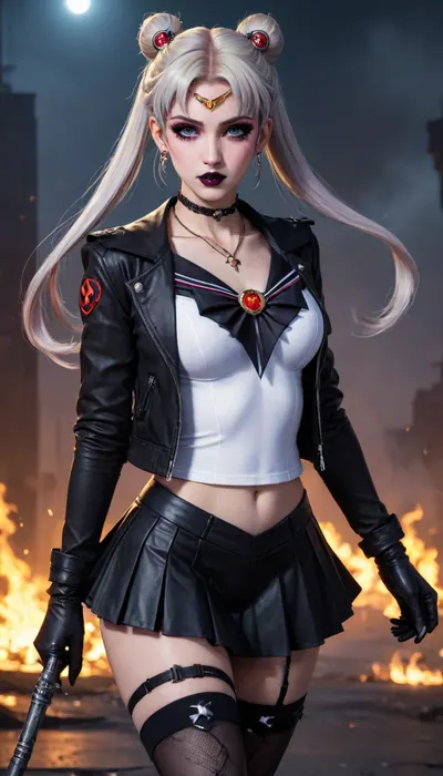 Hellscape Sailor Moon, 1girl, solo, long hair, looking at viewer, skirt, shirt, black hair, thighhighs, gloves, long sleeves, cleavage, twintails, jewelry, medium breasts, collarbone, jacket, white shirt, weapon, heart, pantyhose, cowboy shot, earrings, boots, parted lips, open clothes, choker, black gloves, belt, miniskirt, black skirt, necklace, hair bun, black footwear, holding weapon, open jacket, black jacket, gun, double bun, covered navel, makeup, thigh boots, black choker, piercing, cross, lipstick, crescent, fishnets, pale skin, fire, cyberpunk elements, futuristic, (sailor moon:1.3), (cyberpunk:1.3), eyeshadow, cropped jacket, circlet, cross necklace, cross earrings, mascara, crescent earrings, black lips, <lora:HellscapeMoonXL:.5>