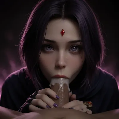 1girl, Raven, Titans, 32, big eyes, glowing eyes, glowing diamond gem on forehead, purple hair, pale skin, purple cloak, sucking viewer pov, (deepthroat deep), (face against crotch), cum flowing on penis, (facialized, excessive cum on face), hands on crotch, fingerless gloves, purple nail polish, entirely glowing purple background, closeup, raven, <lora:Raven_XL:.8>, <lora:dark:.8>, <lora:add-detail-xl:.8>