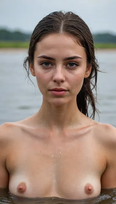 young brunette, athletic build, just emerged from water onto a deserted beach, evening light, wet glistening skin, flushed pink cheeks and ears, wide-open hazel, (green-brown), eyes, wet clumped eyelashes, straight thick eyebrows, water droplets on face and tip of nose, streams of water running down neck, wet black hair plastered to head, simple dark swimsuit, pose of exhausted bliss, catching breath after swimming, atmosphere of purification, full body shot, detailed texture of water on skin, highly detailed