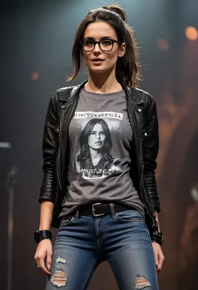 (masterpiece, best quality:1.2), 1 czech 35yo woman, musical singer, (she wears a baggy dark grey t-shirt with advertising print, jeans and open leather jacket:1.4), long raven black hair in a low ponytail, brown eyes, big glasses, sneakers, she is on a stage of a rock concert, photorealism, flat, chested, <lora:style_lora_realis:.5>, <lora:flat_chested_v3.5:.7>