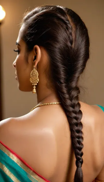 Extremely sexy face, South indian teacher in down blouse huge facing away showing her back, double braided, flash light on hear grown from her neck is making the skin look darker, elegant indian face, Ultra-realistic shot of the neck of a indian rural extremely brown women with dark neck, where her hair is divided in half and braided to the sides, delicate hair strands are visible along the nape of her neck and around the part in her hair. The lighting is soft and natural, enhancing the details of her skin and hair. The focus is on the intricate details of her neck and hair, creating a highly realistic, ((full body shot)), laser focused by canon mark 7d l lenses, world renounced photography, laser focused, <lora:set4:.8>