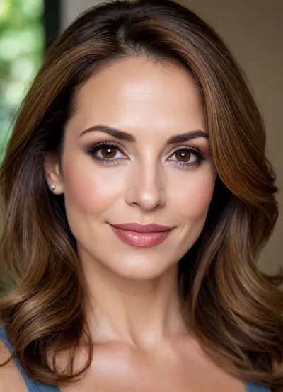 (high quality), (max resolution), (high dedailed), face close up, beautiful, very cute mature milf, light Dark makeup, eye shadow, big lips, hair behind ear, mesmerizing smile, perfect brown eyes