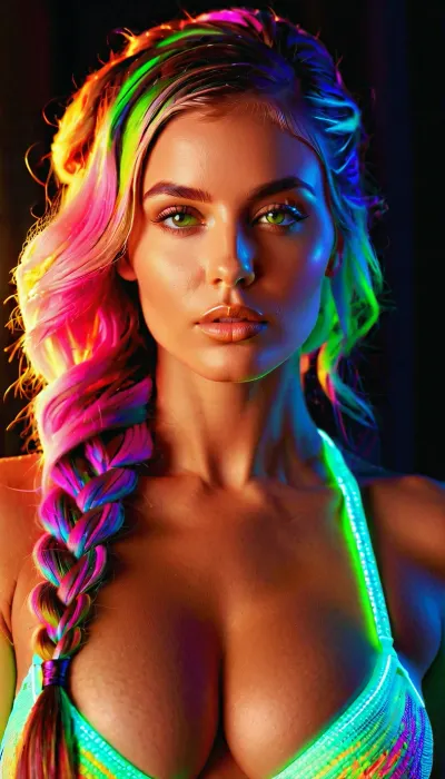 (Masterpiece), hyperrealistic render of a 25 years old woman, ((glowing fluorescent color pallet)), (full view from head to knees), (((front of body facing viewer))), most of body in view, the most beautiful woman, perfect tanned_skin, multicolored hair with multicolored_streaks, long hair, beautiful model face, detailed realistic face, puffy lips, detailed eyes, looking at Viewer, large perky natural breasts, ((focus on generating perfectly sculpted breasts)), perfect nipple placement, (nipple symmetry), semi_toned midriff, slender, athletic_curvy, hourglass figure, highly detailed, intricate details, (best, quality), well-proportioned, intricate small partial_hair_braid, (amazing, curves), (photorealistic), firm tits, natural, beauty, glowing, fluorescent, iridescent, attire, octane render, SDXL_POS, XL_NEG, detailxl, face_refiner, bow, blouse, <lora:56a206e8-def0-49c2-b599-66069ac558c5.TA_trained:2>