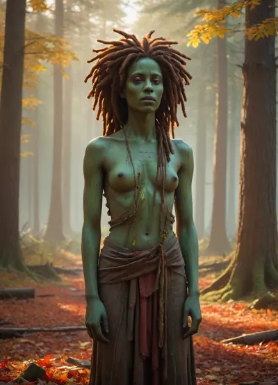 A hollow, weathered wooden statue with neon-green glowing bark, as if radioactively contaminated, and a vibrant, flowing Rastafarian hairstyle of colorful dreadlocks in red, gold, and green. The statue stands in a sun-drenched autumn forest, its ground carpeted with fallen leaves in shades of orange, yellow, and brown. The scene is bathed in the soft, warm light of late afternoon, casting long shadows and creating a mystical, ethereal atmosphere. The style is inspired by the richly detailed, atmospheric works of Jeremy Mann and Simon Stålenhag, characterized by saturated, earthy tones and a quiet grandeur.
