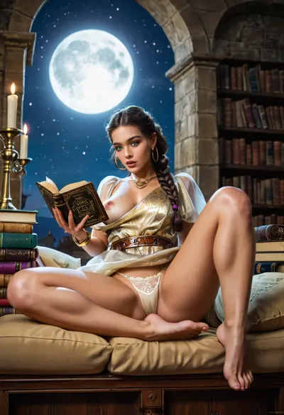 (from below), score_9, from below, Masterpiece, Ultra detailed, High res, High resolution, 1girl, solo, detailed eyes, detailed face, detailed hair, realistic skin, detail lips, realistic, ultra realistic, -----------------------------------------------------------------
beautiful curvy Arabian woman, (tan skin), (34yo), beautiful face, Arab woman, perfect skin, smooth skin, long black hair, (perfectly straight hair), hair in a long braid, tendrils framing her face, large red lips, defined jawline, (light green eyes:1.4), thin arched eyebrows, perfect feet, perfect body, gold hoop earrings, gold necklace, gold ankle braclet, golden tiara, gold spiral bracelet on arm, gold bangles wrist bracelet, perfectly manicured natural fingernails, -----------------------------------------------------------------, (Large DD-cup natural breasts), erect nipples, large round ass, (wide hips:1.2), (thick thighs:1.4), hair gently blowing in the wind, one breast showing, (perky nipples:1.4), round nipples, -----------------------------------------------------------------
wearing a long purple sheer gown lined with gold, (see through gown), barefoot, detailed golden waist belt, ((detailed clothing)), (gold trim on dress), (white lace thong panties), (sitting on pillow), (holding an ancient book that is lined with purple and gold), (head tilted down:1.4), as, (she is reading a book:1.4), (stack of closed books behind her), (eyes gazing upward towards the viewer), (hand on her breast), (moaning:1.4), (eyes open:1.2), -----------------------------------------------------------------
in a grand arab castle made of light sandstone, candle sconces on the wall illuminate the room, a large comfy pillow on the ground, pillow is royal purple with golden trim fringes, a large arched window is directly behind her, night sky, starry night, (stars in the sky), (full moon in sky), moonlight, night sky seen in the background, candles throughout the room, -----------------------------------------------------------------
backlit by the cool glow of the moon, backlight, warm candle glow, backlit, soft natural lighting, cinematic lighting, depth of field, 85mm