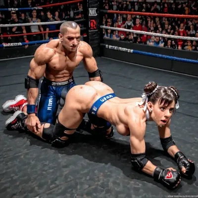 8K, uhd, hyper-realistic, photorealism, masterpiece, (detailed face and eyes:1.3), (photorealistic face and eyes:1.3), (1man, 1woman), (open eyes:1.2), (a wrestling match between an athletic woman and a lean man has ended in defeat for the woman, her punishment is getting fucked aggressively in a boxing ring with spectators on all sides, the man has pinned her to the mat in a twisted body position and is fucking her ass and pussy:1.1), (very lean man:1.3), (man is similar height as woman), (big balls:1), (doggystyle), (foot on head:1.2), (head pinned down, ass up), (cock in pussy), (exhausted and defeated expression, tears:1.1), (torn sexy wrestling outfit:1.3), (torn lycra tights:1.3), (knee pads, elbow pads, wrestling shoes), view from above, overfit, style, (overfit, style:2), (style:4), PUT, OVERFIT, STYLE, IN, NEGATIVE, PROMPT>, Chun, <lora:EasyFix:.8>, <lora:Chun-Li-Pony:1.3>