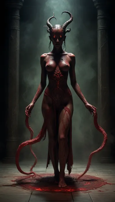 A dark, ancient ritual scene in a forbidden, otherworldly style inspired by Lovecraftian cosmic horror. A shamanic female dancer performs a twisted ceremonial dance inside a shadow-filled ritual space. Her flowing dark-red garments move unnaturally, as if guided by unseen forces. Her body posture is ecstatic and unsettling, eyes half-closed, expression trance-like.

Around her emerge ancient demonic entities — towering non-human silhouettes with elongated limbs, tentacle-like forms, horned shapes and countless glowing eyes, partially hidden in smoke and darkness. Their forms are incomprehensible, suggested rather than fully revealed. Strange runes and sigils glow faintly in the air, etched with alien geometry.

The environment feels primordial and forbidden, cracked stone floor, ritual markings, drifting ash, thick incense smoke. Dim, sickly green and crimson light leaks from below, as if the space itself is alive. Shadows move independently, bending reality.

Atmosphere, eldritch, ancient, forbidden knowledge, cosmic dread.
Style, dark cinematic realism, Necronomicon-inspired occult art, Lovecraftian horror, high-detail textures, deep shadows, unsettling symmetry, slow ritual motion, timeless and inhuman.