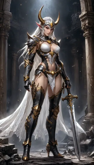 charactor card for TTRPG Guilded frame, Marvel comic Style Cover Art Concept, (world of warcraft art), female elf fantasy warrior, white lace lingerie armor with gold trim, white metal bra and loincloth armor, white armor thigh hight boots, holding a sword, in a medieval castle at night full body framing, comic book style, (comic book style), standing on a pile of bones and rubble, apocalyptic background, standing at edge of colossal underground abyss, glowing Hash-Nass hive below shaped like a malignant star, scale emphasizing inevitability and threat STYLE LOCK, (Epic dark fantasy illustration, mythic science-fantasy tone, painterly realism, Luis Royo inspired, dramatic lighting, high contrast, rich textures, flowing fabrics, ancient technology disguised as divine artifacts, cinematic composition, ultra-detailed, sharp focus, no modern elements, no text, no watermark), high contrast black and white, only one character, no horns, braided, Art, by, Boris, Vallejo, <lora:Mecha_Ggorgeous_Armor-000011:2>, <lora:Braided_Sides_V1:1.8>, <lora:Fantasy_art_XL_V1:1.4>, <lora:Granblue_Collection_XL_-_Heroes:2>