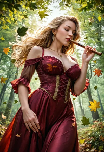 (upper body shot:1.4), score_9, from below, Masterpiece, Ultra detailed, High res, High resolution, 1girl, solo, detailed eyes, detailed face, detailed hair, realistic skin, detail lips, realistic, ultra realistic, -----------------------------------------------------------------
beautiful white woman, (pale skin), (24yo), beautiful face, perfect skin, smooth skin, long dark blonde hair with light blonde highlights, (perfectly straight hair), long hair, tendrils framing her face, large red lips, defined jawline, (light blue eyes:1.4), thin arched eyebrows, perfect feet, perfect body, gold necklace, gold dangling earrings, perfectly manicured natural fingernails, -----------------------------------------------------------------, (Large DD-cup natural breasts), erect nipples, large round ass, (wide hips:1.2), (thick thighs:1.4), hair gently blowing in the wind, round nipples, hairy pussy, (fully clothed), wearing a long red see-through gown, (see-through gown), (long red gown), brown leather Victorian era boots, he hair is blowing in the wind, (playing the flute:1.4), (eyes closed), standing in an open clearing inside of a dense forest, leaves are on the ground, (the wind is swirling leaves through the air in an almost magical manner), (leaves swirling through the air), the sun is shining through the trees, (leaves are swirling around the woman:1.6), (((a whirlwind of leaves surrounds the woman))), -----------------------------------------------------------------
golden hour, backlit by the warm glow of the sun, backlight, backlit, soft natural lighting, cinematic lighting, depth of field, 85mm