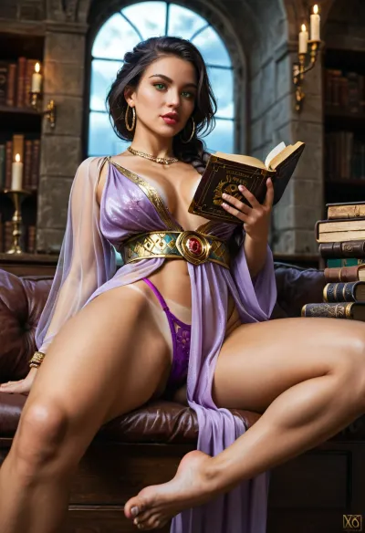 (from below), score_9, from below, Masterpiece, Ultra detailed, High res, High resolution, 1girl, solo, detailed eyes, detailed face, detailed hair, realistic skin, detail lips, realistic, ultra realistic, -----------------------------------------------------------------
beautiful curvy Arabian woman, (tan skin), (tan lines), (34yo), beautiful face, 24yo Arab woman, perfect skin, smooth skin, long black hair, (perfectly straight hair), hair in a long braid, tendrils framing her face, large red lips, defined jawline, (light green eyes:1.4), thin arched eyebrows, perfect feet, perfect body, gold hoop earrings, gold necklace, gold ankle braclet, golden tiara, gold spiral bracelet on arm, gold bangles wrist bracelet, perfectly manicured natural fingernails, -----------------------------------------------------------------, (Large DD-cup natural breasts), erect nipples, large round ass, (wide hips:1.2), (thick thighs:1.4), hair gently blowing in the wind, one breast showing, (perky nipples), round nipples, -----------------------------------------------------------------
wearing a long purple sheer gown lined with gold, (see through gown), barefoot, detailed golden waist belt, ((detailed clothing)), (gold trim on dress), purple thong panties, (sitting on pillow), (holding an ancient book that is lined with purple and gold), (head tilted down:1.4), as, (she is reading a book:1.4), (stack of closed books behind her), (eyes gazing upward towards the viewer), hand on her breast, -----------------------------------------------------------------
in a grand arab castle made of light sandstone, candle sconces on the wall illuminate the room, a large comfy pillow on the ground, pillow is royal purple with golden trim fringes, a large arched window is directly behind her, night sky, starry night, (stars in the sky), (full moon in sky), moonlight, night sky seen in the background, -----------------------------------------------------------------
backlit by the cool glow of the moon, backlight, warm candle glow, backlit, soft natural lighting, cinematic lighting, depth of field, 85mm