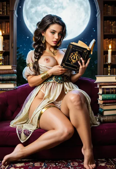 (from below:1.2), score_9, from below, Masterpiece, Ultra detailed, High res, High resolution, 1girl, solo, detailed eyes, detailed face, detailed hair, realistic skin, detail lips, realistic, ultra realistic, -----------------------------------------------------------------
beautiful curvy Arabian woman, (tan skin), (34yo), beautiful face, Arab woman, perfect skin, smooth skin, long black hair, (perfectly straight hair), hair in a long braid, tendrils framing her face, large red lips, defined jawline, beautiful face, (light green eyes:1.4), thin arched eyebrows, perfect feet, perfect body, smooth skin, gold hoop earrings, gold necklace, gold ankle braclet, golden tiara, gold spiral bracelet on arm, gold bangles wrist bracelet, perfectly manicured natural fingernails, -----------------------------------------------------------------, , (Large DD-cup natural breasts), erect nipples, large round ass, (wide hips:1.2), (thick thighs:1.4), hair gently blowing in the wind, one breast showing, (perky nipples:1.4), round nipples, -----------------------------------------------------------------
wearing a long purple sheer gown lined with gold, (see through gown), barefoot, detailed golden waist belt, ((detailed clothing)), (gold trim on dress), (white lace thong panties), -----------------------------------------------------------------, , (sitting on pillow), (holding an ancient book that is lined with purple and gold), (head tilted down:1.4), as, (she is reading a book:1.4), (stack of closed books behind her), (eyes gazing upward towards the viewer), (hand on her breast), (moaning:1.4), (eyes open:1.2), -----------------------------------------------------------------
in a grand arab castle made of light sandstone, candle sconces on the wall illuminate the room, a large comfy pillow on the ground, pillow is royal purple with golden trim fringes, a large arched window is directly behind her, night sky, starry night, (stars in the sky), (full moon in sky), moonlight, night sky seen in the background, candles throughout the room, -----------------------------------------------------------------
backlit by the cool glow of the moon, backlight, warm candle glow, backlit, soft natural lighting, cinematic lighting, depth of field, 85mm