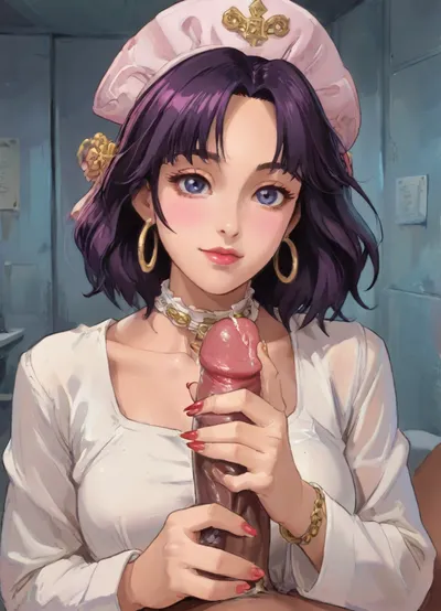 Reiq art style.
Amateur shot. Flash shot at night. POV Handjob. 8k, intricate details. A beautiful Mexican girl, slightly chubby, big round cheeks, big eyes, closed mouth, closed smile, small breast, large dark areola, beautiful long dark hair, with extremely detailled long fingernails, large xxl fake nails, extremely long nailtips, xxl fingernails, long red nails, wide futuristic gold collar, gold cuff bracelet, large hoop earring, 3/4 sleeves, tight. Doctor hat

In hospital, She gives a handjob to the black viewers black dick, cumshot, cum, at night, gd, erection, black penis, large, <lora:Penis_XL:.8>, <lora:DonaughtX2Lora-000105:.8>, <lora:LCMTurboMix_Euler_A_fix:.8>, <lora:NEOTOKIOXL_0.2_RC:.8>, <lora:cartoon_stickers_xl_v1:.8>