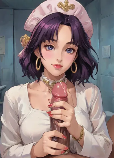 Reiq art style.
Amateur shot. Flash shot at night. POV Handjob. 8k, intricate details. A beautiful Mexican girl, slightly chubby, big round cheeks, big eyes, closed mouth, closed smile, small breast, large dark areola, beautiful long dark hair, with extremely detailled long fingernails, large xxl fake nails, extremely long nailtips, xxl fingernails, long red nails, wide futuristic gold collar, gold cuff bracelet, large hoop earring, 3/4 sleeves, tight. Doctor hat

In hospital, She gives a handjob to the black viewers black dick, cumshot, cum, at night, gd, erection, black penis, large, <lora:Penis_XL:.8>, <lora:DonaughtX2Lora-000105:.8>, <lora:LCMTurboMix_Euler_A_fix:.8>, <lora:NEOTOKIOXL_0.2_RC:.8>, <lora:cartoon_stickers_xl_v1:.8>