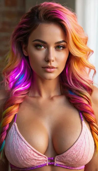 (Masterpiece), hyperrealistic render of a 25 years old woman, (sexy_furry:1.25), ((glowing fluorescent color pallet)), (front view, most of body in view), (looking at viewer), the most beautiful woman, perfect tanned_skin, multicolored hair with multicolored_streaks, long hair, beautiful model face, detailed realistic face, puffy lips, detailed eyes, medium perky natural breasts, ((focus on generating perfectly sculpted breasts)), firm tits, cleavage, perfect nipple placement, (nipple symmetry), semi_toned, slender, athletic_curvy, hourglass figure, highly detailed, intricate details, (best, quality), well-proportioned, intricate small partial_hair_braid, (amazing, curves), (photorealistic), natural, beauty, glowing, fluorescent, iridescent, fluxenh4nce, face_refiner, <lora:FLUXEnh4nce:2>, <lora:HyperFlux-000001:2>