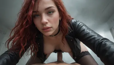 HD masterpiece, night time bedroom scene, (27 yo dutch woman), face tilted at viewer, (pov, squatting, cowgirl vaginal sex), (hard thick cock), (view from below, bending forward:1.6), (close face:1.4), looking at camera, (red hair, messy loose hair, long hair), ultra detailed face, thin face, (pointy nose:1.3), wet lips, (wear open black leather jacket, belt, latex stockings, choker, black gloves, black sunglasses), (white pale skin, perfect skin), fit, (wide hips:1.4), toned, perfect large breasts, no bra, (half-close eyes, green eyes:1.6), (Sweaty body, Sweating), (fog from sweating, lots of fog, lots of smoke), (ultra detailed image, high resolution, high level of detail)