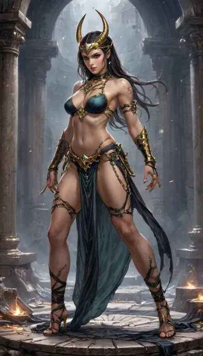 charactor card for TTRPG Guilded frame, Marvel comic Style Cover Art Concept for Elyndra, The Wind Vanguard, (photorealistic), World of warcraft art style Visual Elements, Main Character – jade an exotic dancer assassin, Central to the cover is jade, (world of warcraft art), Her long straight hair fell all the way down her back past her tight ass., (dynamic dance pose), It was as black as a raven's plumage, which only made her crystal blue eyes stand out that much more. Her eyeliner was dawn out almost like the eye of Ra and her lips were painted red. She wore a sheer jade color belly dancer lingerie with gold accents that jingled with every step she took. The top looked like a gold scorpion carapace just covering her breasts. Her stomach was bare other than gold chain jewelry and a green gem in her belly that pulsated with a sparkling glow lighting up a series of calligraphy runes on her skin. Her transparent jade loincloth flowed with the slightest move or step she took hanging off her hips showing off her tiny strappy thong. Gold chains decorates her arms and thighs as well. Her feet were dressed in sandals with straps, (comic book style), standing on a pile of bones and rubble, apocalyptic background, standing at edge of colossal underground abyss, glowing Hash-Nass hive below shaped like a malignant star, scale emphasizing inevitability and threat STYLE LOCK, (Epic dark fantasy illustration, mythic science-fantasy tone, painterly realism, Luis Royo inspired, dramatic lighting, high contrast, rich textures, flowing fabrics, ancient technology disguised as divine artifacts, cinematic composition, ultra-detailed, sharp focus, no modern elements, no text, no watermark), high contrast black and white, only one character, no horns, braided, Art, by, Boris, Vallejo, <lora:Mecha_Ggorgeous_Armor-000011:2>, <lora:Braided_Sides_V1:1.8>, <lora:Fantasy_art_XL_V1:1.4>, <lora:Granblue_Collection_XL_-_Heroes:2>, <lora:Dance_Art:.8>