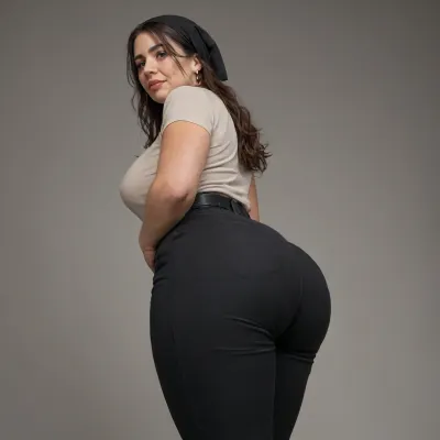 (50+ yo woman, filipina mom), old, gilf, milf, wrinkles, (curvy, thick), fat, dark skin, wide hips, black woman, sweaty, black hair, long hair, black conservative headscarf, from below, (side view:1.3), (round firm buttocks:1.3), firm huge butt sticking out, round ass, looking at viewer, conservative clothes, pantsuit, pattern black suit, tight suit, big waist belt, tight waist belt, pantylines in suit, smooth pants, big back pockets, tight pants, long pants, black pants, visible panty line through pants, tight clothing, skin tight, deep butt crack, (gluteal cleft:1.1), waist, flirty, dark eyes, (deep butt crack:1.1), deep ass crack, bubble butt, bbl, focus on extremely juicy bubble butt, bulging ass, eyeshadow, large ass, fake ass