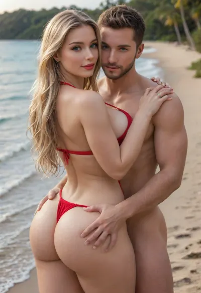 (masterpiece, best quality), explicit interracial couple caressing on the tropical beach. French woman, blonde hair, facing the camera, 40 years old, (beautiful:1.8), (curvy:1.7), ((fertile goddess)), wide hips, big bubble butt, thick thighs, dressed, red string bikini, covered breasts, protruding nipples, (small, natural, teardrop breasts), (C cup breasts), perfect heavy makeup, red lipstick, seductive eyes, wry smile, looking at the viewer, closed lips, sexy head-tilt, S-curve model pose, perfect detailed hands, wedding ring, (((embraced from behind))), his hands are caressing her body, 1man, (((male model face))), black African, black skin, swimwear, naked torso, muscular, athletic, bulging brutish muscles, holding her hips, (caressing:1.6), big cock . Beach, sea, sand, sunny sky, hot midday setting, energetic tone, close-up, front side view, sunlight lit from the front, sunlight reflecting off skin, captured with a Leica M10, Leica Summilux 50mm f/1.4 lens, sharp focus, best shadow, score_9, score_8_up, 8K, UHD, clear image, extremely sharp, extremely detailed, extremely intricate detail, high res, ultra-high-definition, highly detailed, ultra-sharp textures, finely detailed, perfect skin texture, hyperrealistic lighting, professional photography, full dynamic range, deep contrast, high clarity, realistic depth of field, HDR, perfect exposure, smooth gradients, volumetric lighting, natural reflections, ultra-fine details, realistic skin pores, individual hair strands, bokeh, soft shadows, color-graded, dvr-shrp, sexy ass, small, shadow, minimalism, <lora:attractive_notrigger:1.5>, <lora:WildcardX-XL-Detail-Enhancer:1.5>, <lora:EnvyShadowMinimalismXL01:1.5>, <lora:EnvyThiccXL02:1.5>, <lora:Detailed_female_hands-000001:.8>