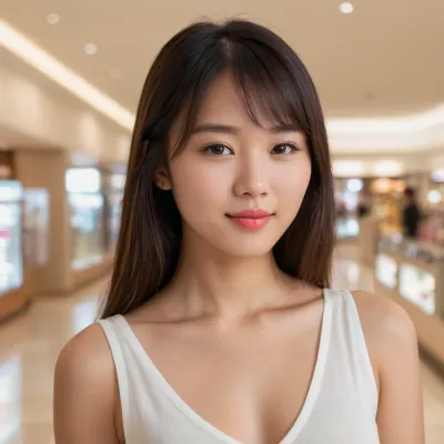 ultra realistic portrait of a young asian woman, 20-25 years old, east asian features, soft oval face, smooth fair skin with warm undertone, natural skin texture, subtle pores, no blemishes, straight dark brown hair with slight reddish undertone, long hair falling naturally over shoulders, full straight bangs covering forehead, large almond-shaped dark brown eyes, soft natural eyelids, gentle gaze looking at camera, small delicate nose, soft rounded cheeks, natural youthful facial proportions, medium lips with coral-pink lipstick, slightly glossy lips, gentle closed-mouth smile showing upper teeth, feminine and innocent expression, casual black V-neck top, natural posture, selfie-style framing, head and shoulders portrait, indoor soft lighting, diffused light, realistic shadows, shallow depth of field, background softly blurred shopping mall interior, DSLR photo, 85mm lens, f1