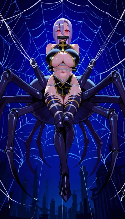 Rachnera Arachnera, (Monster Musume), . Spider monster girl, black leather clothes, red eyes, short purple hair, blushing.

Hanging in a giant spider web, bondage, tied up in white rope, full body bondage, gagged.

Dark abandon building, dark dim lighting, worm pov, close up view.
