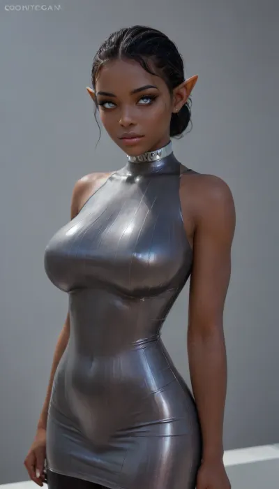 (solo:2), thin woman, ((black skin:1.8)), elf ears, black hair, Gorgeous face, (white eyes:1.5), supermodel, (fit:1.5), 4ng3l, face, woman, (large breasts:1.2), (bodycon dress:1.5), fully dressed, silver collar, melanin, <lora:Beautify-Supermodel-SDXL:1.4>, <lora:SDXL_BetterFaces-LoRA_v1:1.5>, <lora:xlsanaa woman:.8>, <lora:melanin-XL:2>, <lora:Black_American_glamour_girls:1.7>