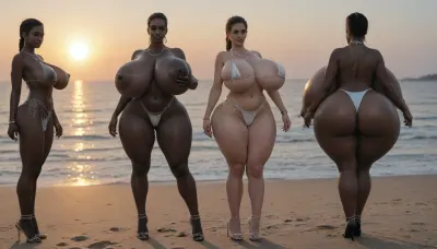 (absolutely black skin:1.85), (gigantic massive huge tits slender beauty model on the beach:1.55), (incredibly floppy saggy tits:1.35), (very large very dark areolae:1.25), erect nipples, seduction, model with full body and face, ((groping tits and ass)), ((very high plateau heels)), (bikini), ((belly chain, anklet, bracelet, jewelry, necklace)), (micro skirt, sun dress), oiled up, light hairy pussy, very detailed image, ultra high definition, dramatic sunrise light, palms, cruise ship on horizon