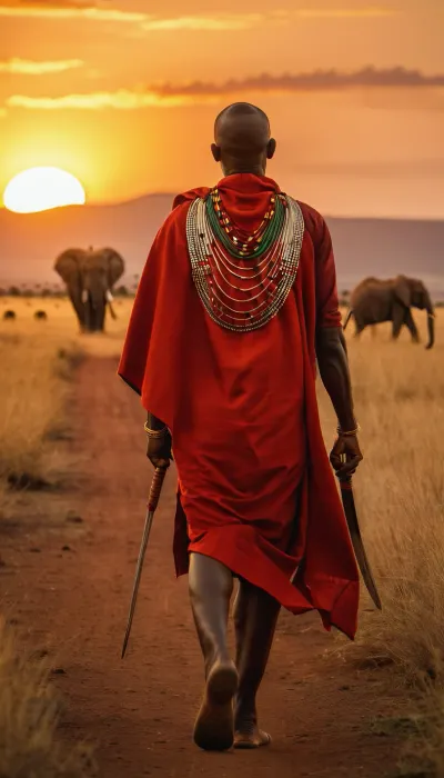 Kenyan warrior Masai, walking in Savannah in sunset, sun setting behind Kilimandjaro, proud, determination, éléphant in far, warm light