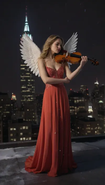Woman Angel, violinist, on the roof of a high-rise building, New-York city, snowing, night, Christmas