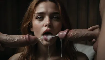 white naked woman, (woman:1.3), long ginger hair, close-up of her mouth, tongue sticking out, 1 white grandpa with a big penis dropping a cumshot on her tongue, excessive cum on tongue, mouthfull of cum, 1 white grandpa with a big penis dropping a cumshot on her cheeks, excessive cum on face, in a cozy bamboo house, <lora:dark:.8>