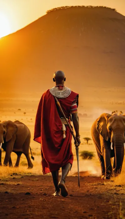Kenyan warrior Masai, walking in Savannah in sunset, sun setting behind Kilimandjaro, proud, determination, éléphants in far, warm light