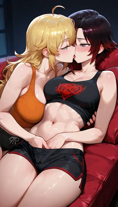 Ruby Rose, (RWBY), and Yang Xiao, cuddling, touching, and kissing each other on the couch in their pajamas., (Yang Xiao is a Tall, athletic woman with long blonde hair, purple eyes, large cleavage. Yang is wearing a orange tank top and black short shorts.), (Ruby Rose is a short, petite woman with short black hair, grey eyes. Ruby is wearing a black tank top and black shorts short.), Dark, dim living room, cozy couch.

2 girls, assigned clothes, blushing, bare pussy, bare boobs, clothes pulled off, hugging, fingering each other, tongue kissing, make out, detailed eyes, large anime eyes, soft, warm, 4k detail, clear, crisp.