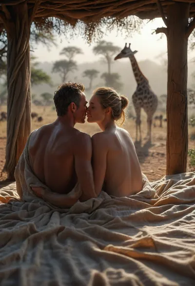 (Interracial hetero adult couple with perfect anatomy:1.4), (couple in the foreground:1.2), outdoor, full body view of a nude pale skinned European woman, (she spreads her legs and exposes vagina to her Lover:1.4), aged 40, (perfect pussy:1.2), has various tender, (intimate:1.4), physical contact and loving acts with a 30 years old masculine black African man, perfect anatomy, perfect hands, perfect feet, They are positioned on a bed clearly and sharply in the detailed and focused foreground, (wooden bed is placed beneath a gnarled:1.2), (sharing cozily intimate trustful moment together under thick down blankets:1.8), (small firm butt:1.6), their faces tenderly visible, radiating warmth and affection, a photorealistic, high-resolution scene set in the African savanna at dawn, a sturdy, drought-resistant tree, like an acacia or baobab. The bed is positioned in the midst of the savanna, (surrounded by various wildlife:1.6), (such as giraffes:1.6), (elephants:1.2), and antelopes, softly blurred in the background. A gentle morning mist hovers over the landscape, and the rising sun casts a warm, golden light. In this serene and mystical setting, a beautiful couple has sex, their expressions peaceful and their skin detailed and realistic. The entire scene blends natural beauty with a dreamlike tranquility, with an overall dreamy, surreal quality that transports the viewer to a realm of wonder and enchantment, (maximum detail), (super realistic photo:1.4), <lora:MJ52:.4>, <lora:Super_Eye_Detailer_By_Stable_Yogi_SDPD0:.3>, <lora:Cloudy_Style:.5>, <lora:photorealistic_portrait_notrigger:.8>