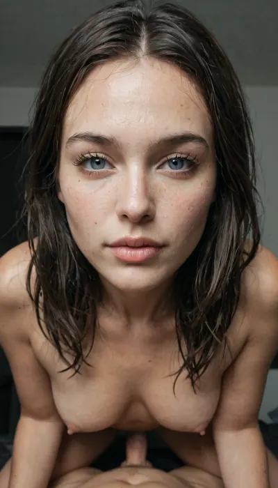 A POV photo of a beautiful slender busty college girl getting fucked by the male viewer, (The hands of the male viewer grabbing her hips), petite timid college girl sitting on top of you, in a dark dark 80's abandoned shed, arroused look, amateur candid photo, perky b-cup elastic tits, natural breasts, long black hair, on top of your male body, dark dorm room, naked, ultimate realism, poor lighting, at night, dark, night, realistic detailed skin texture, focus on realistic face, leaning forward, (leaning on her hands on YOUR body:1), tits hanging over you, leaning towards your face, looking down at viewers face, small penis, small nipples, orgasm face, (lips slightly parted), intense pleasure, intense orgasm, close, sex, sitting on top of you, (with, blushing, cheeks:1), pov from above, candid amateur photo, shot on iphone, realistic cumshot, penetration, cum on face