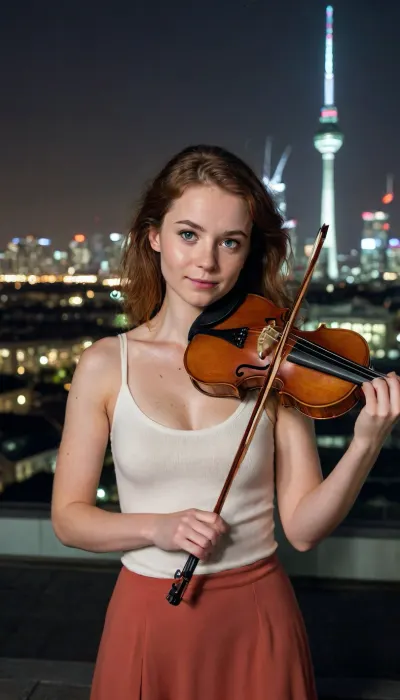 The image is an illustration, from, a beautyfull Scottish violinist, (plays on the roof of the high-rise building from berlin by night), in Front of the Skyline from Berlin, ((freckeld face)), her eyes are large and green, she has piercing eyes and a extreme, wild, expression on her face. Submissive, wild and cute face, (wide_angle), (Sideview, far from a wide distance), (view_from_above), <lora:openxl_handsfix:.8>, (subject), NEGATIVE_HANDS, handslora, <lora:Hands:.8>