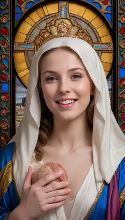 ((The style of the painting is a Christian icon.)), Photographic quality. 8K, (((A pseudo-Christian church, an altar, stained glass windows))), . photographic quality. Details., (. Virgo smiles radiantly., ((((The icon's accent on the Virgin's pussy and happy face, 1.8)))), юview slightly from below)