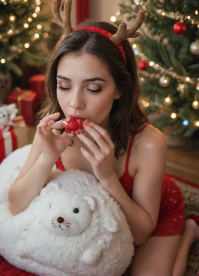 Create a portrait photo of me, (face based on the uploaded reference photo), . The face must exactly match the person in the reference photo. Do not change the face structure, skin tone or hairstyle in this high-contrast modern fashion portrait. This photo is a vibrant and gorgeous Christmas scene, with red overtones and a festive Christmas atmosphere. She is dressed in a large fluffy dress with white feathers with open shoulders, long puffy hands and a tight white miniskirt with feathers of the same material, showing her elongated legs.

Her long black hair is curled, dotted with a reindeer mane on her head. The styling technique is extremely cute and lively, the model sits on fake white snow, hands on her lips posing for a wind kiss, (blow kiss), eyes closed with a sweet expression, showing joy and sending congratulations. The shooting technique uses strong and clear light to highlight the color of the dress and the background. The background is a red wall decorated with a large snow-covered Christmas tree and red beads on the left, and a mountain of tall red gifts on the right. The scene is also adorned with lovely decorations such as a giant white teddy bear, a snowman and a reindeer standing in the middle of a pile of gift boxes. The effect of falling snow and golden tinsel, (twinkling /twinkling), from above adds to the fanciful and shimmering, creating a perfect Christmas studio photo, filled with energy and vitality. 16K HDR surreal photography, 16-bit color depth, cinematic lighting, panoramic lighting, soft focus, shallow depth of field, (f/1.4), high dynamic contrast range, ultra-detailed texture, high definition, professional photo quality, 300dpi resolution, a real masterpiece don't change my face