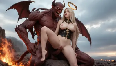 a small woman with big breasts sitting angel like on a cloud, angel-white long hair, halo above the head, full body, (a demon from hell:1.9), with a big penis, fucking, 4ng3l, face, <lora:SDXL_BetterFaces-LoRA_v1:.8>